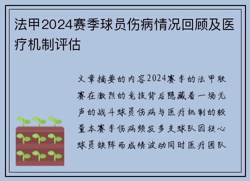 法甲2024赛季球员伤病情况回顾及医疗机制评估